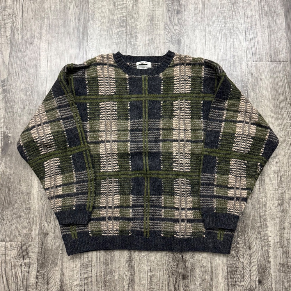Vintage Jeffrey Banks Plaid Shetland Wool Hand Knit Heavy Knit Sweater Men's XL